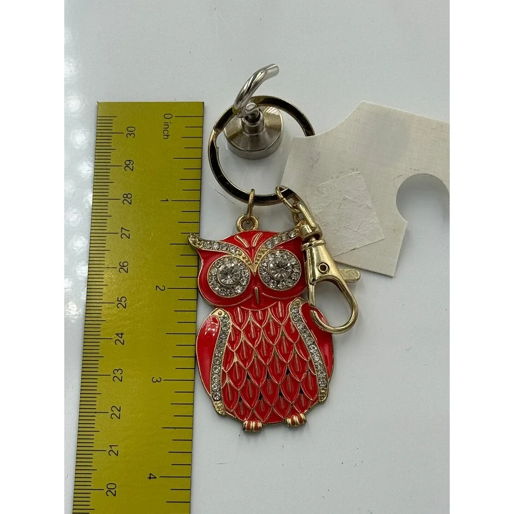 Orange Red Enamel Owl Keychain Gold Tone Rhinestone Eye‎ Bag Charm